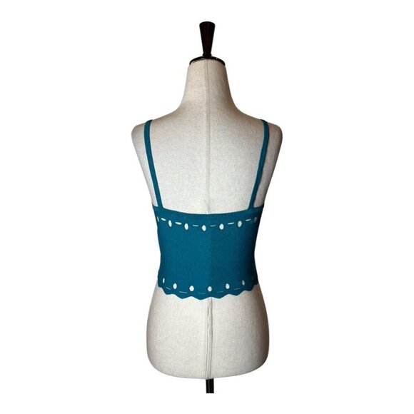 Sandro Tank Top Small Teal Blue Fine Knit Cut Out Detail Scalloped Hem Cami Top - Picture 3 of 12